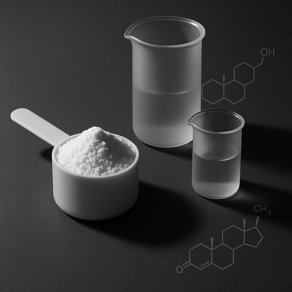 Scoop of creatine monohydrate beside minimalist lab glassware icons representing hormones, on a charcoal background.
