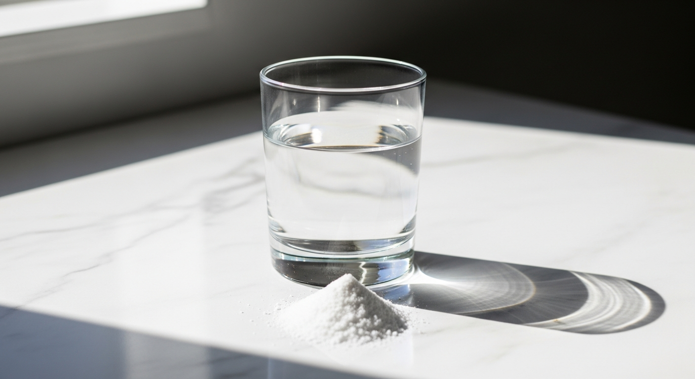 Glass of water next to a container of creatine powder on a clean white surface
