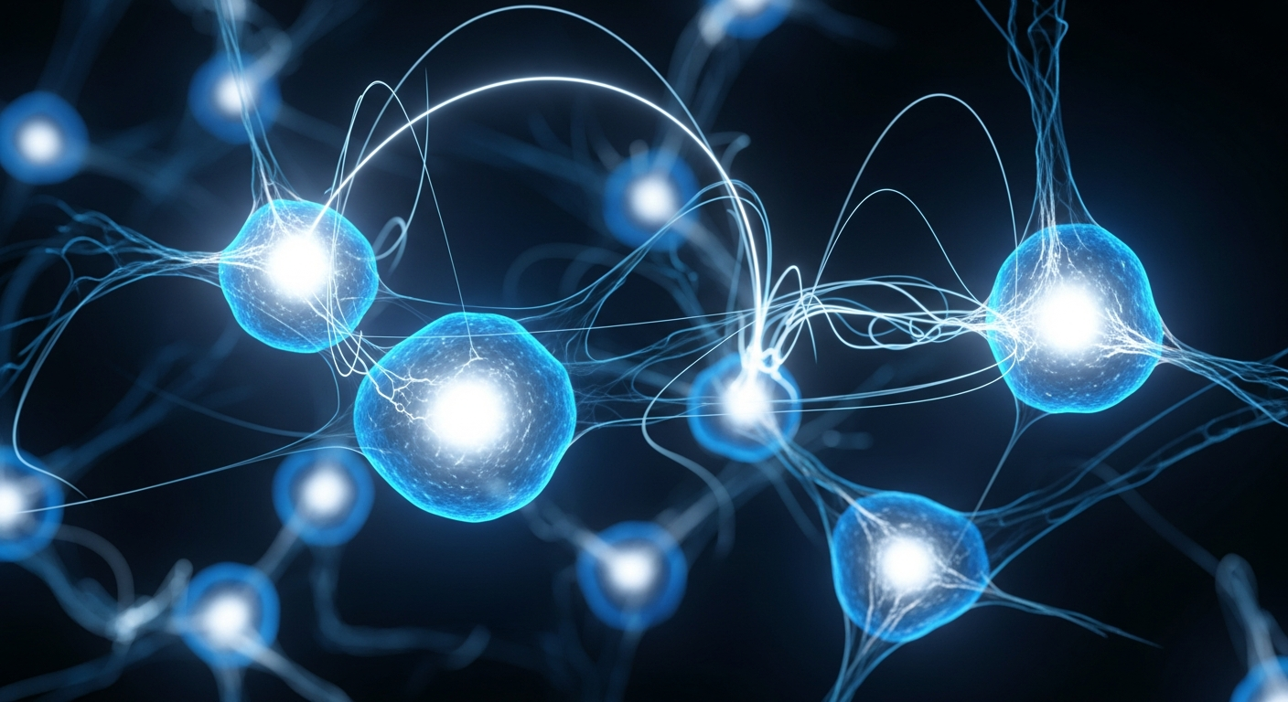 Abstract blue-toned microscope image of immune cells with glowing energy signals