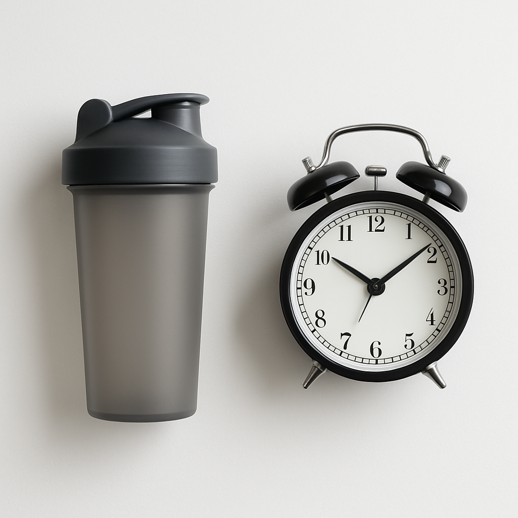 Clock next to a supplement shaker on a minimalist kitchen counter showing an intermittent fasting window