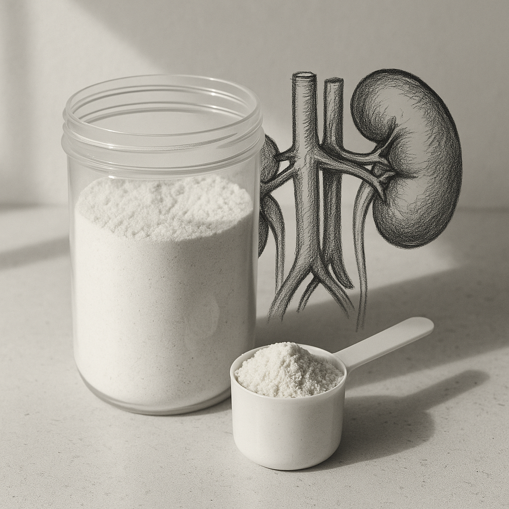 Close-up photograph of a creatine powder scoop with subtle kidney anatomy sketch overlay in charcoal tones.