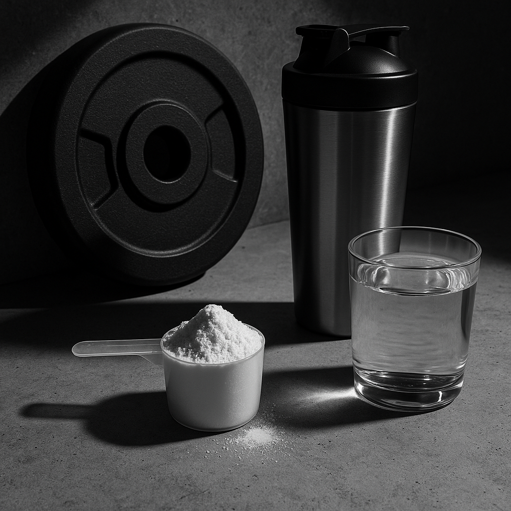 Mesure de créatine monohydrate à côté d’un verre d’eau et d’une barre d’haltères dans un éclairage monochrome.