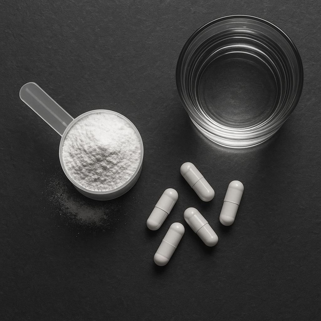 Creatine powder in a scoop beside white magnesium capsules and a glass of water on a dark slate surface, minimalistic studio lighting.