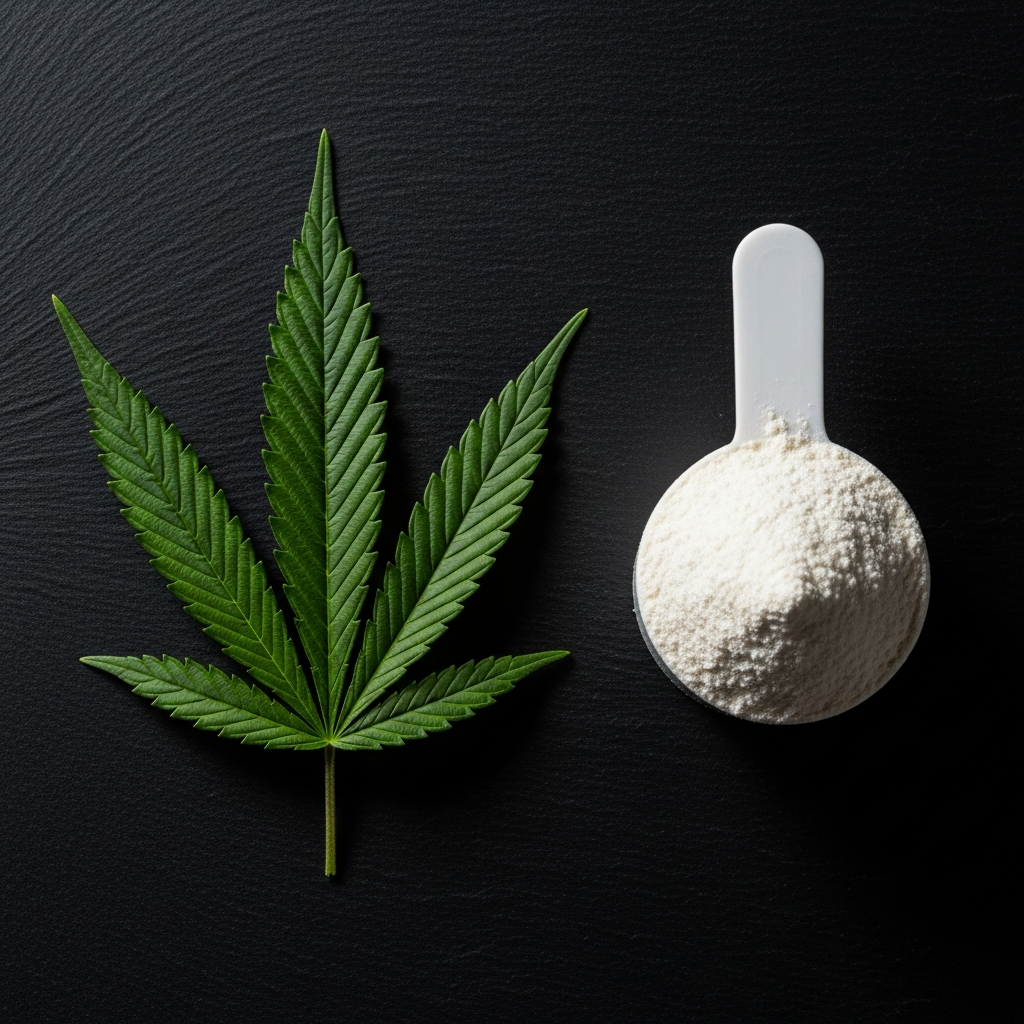 Cannabis leaf and creatine powder side by side