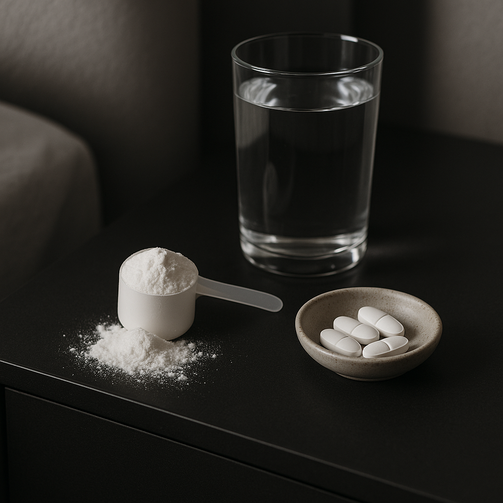 A scoop of creatine monohydrate powder beside a small dish of melatonin tablets on a dark bedside table with a glass of water and a minimalist lamp
