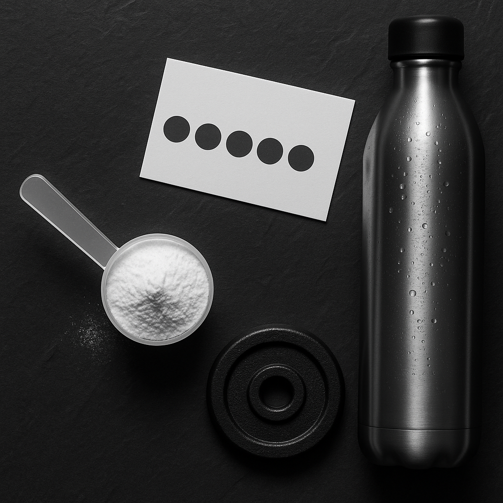 Mesure de créatine monohydrate à côté d’un planificateur de cycle hebdomadaire minimaliste, d’une bouteille d’eau et d’un disque d’haltère sur une surface charbon.