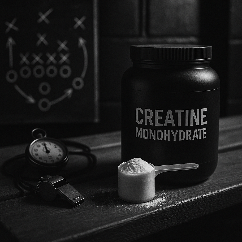 Creatine monohydrate scoop on a locker room bench beside a whistle, stopwatch, and playbook diagram, evoking focus under game-day pressure