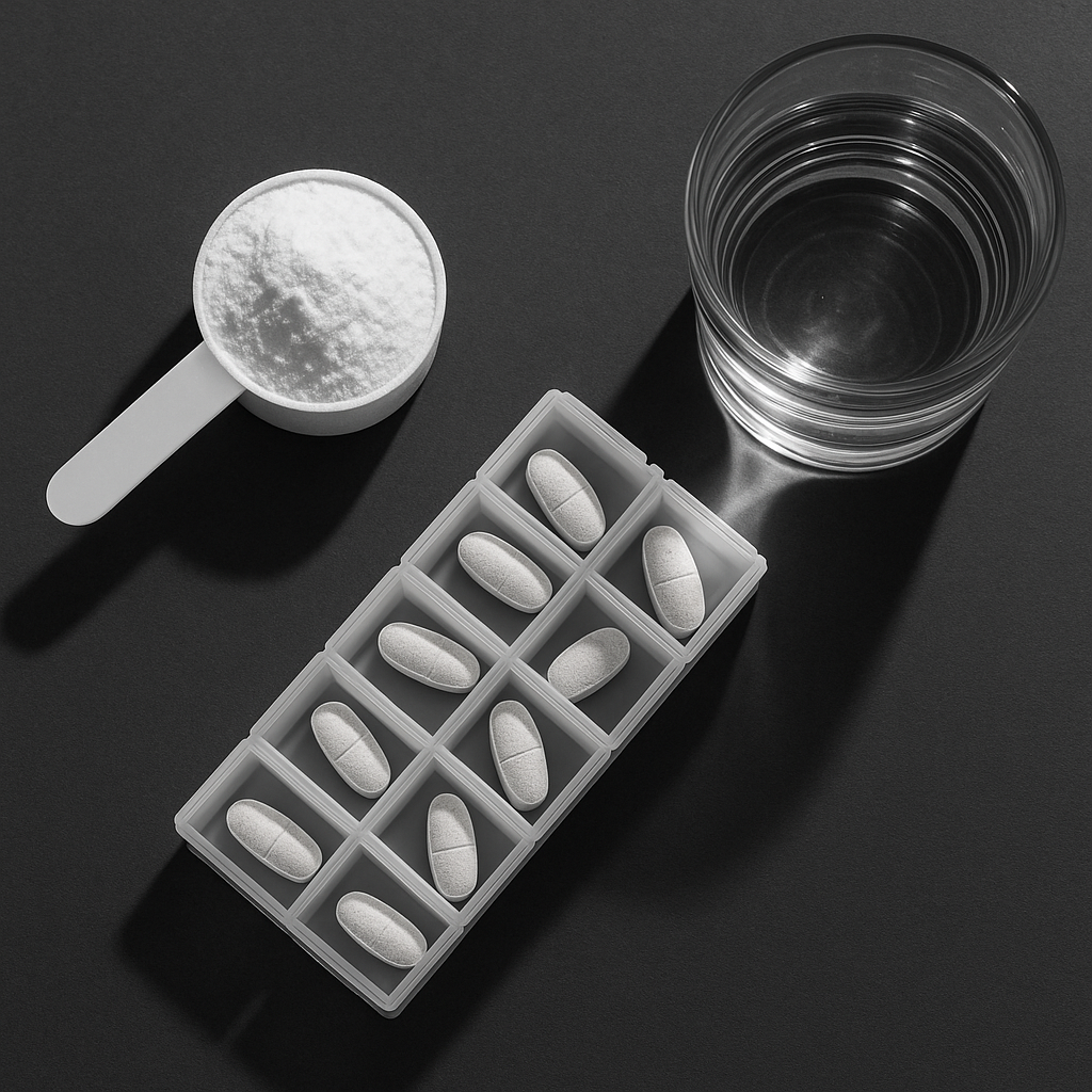 Une mesure de poudre de créatine à côté d’un pilulier hebdomadaire pour multivitamines et d’un verre d’eau sur un comptoir blanc propre