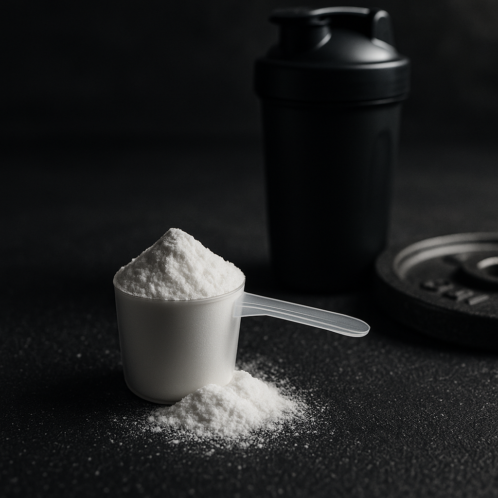 Scoop of creatine monohydrate beside a shaker bottle and barbell plate on a textured gym surface