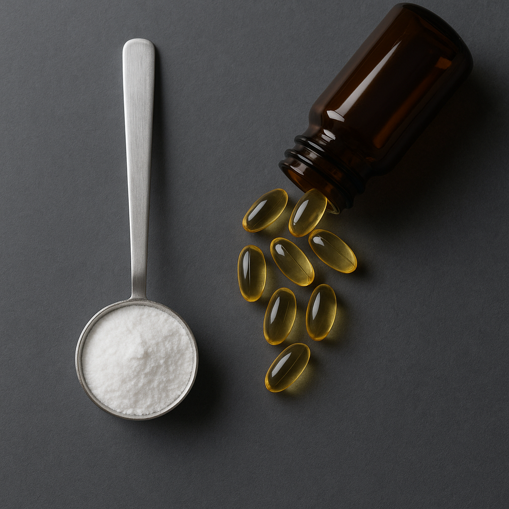 Mesure de créatine monohydrate et capsules d’huile de poisson oméga‑3 disposées sur une ardoise foncée avec une douce lumière de fenêtre et une cuillère en acier inoxydable