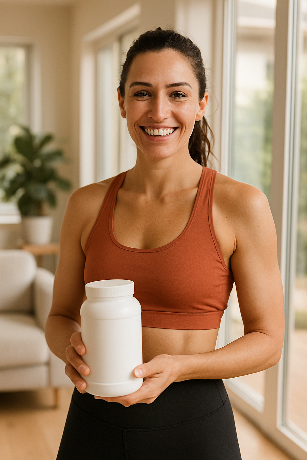 A woman holding a supplement container in a bright, clean home setting with natural light