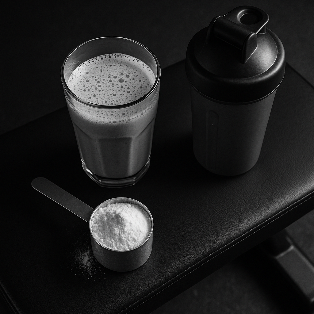 Mesure de créatine monohydrate à côté d’un shake protéiné dans un gym, arrière-plan épuré et minimaliste