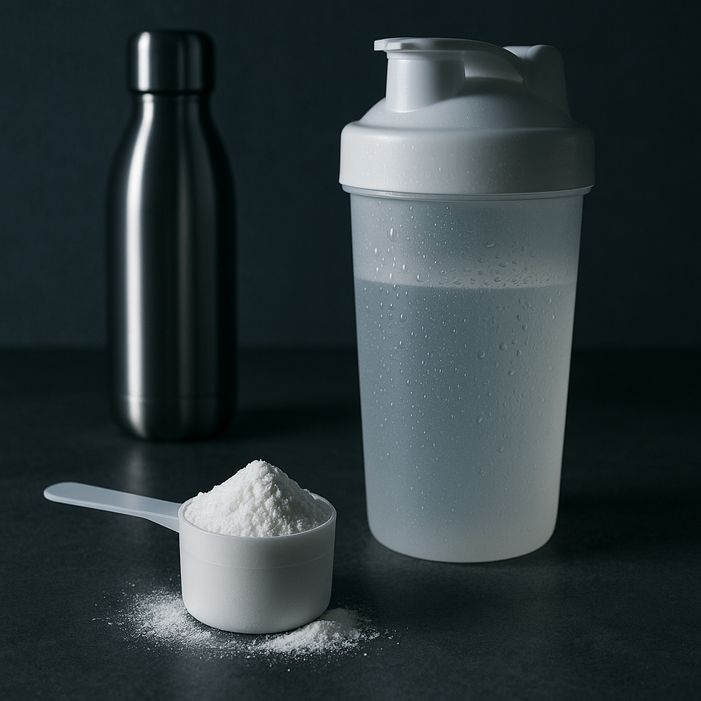 Scoop of creatine monohydrate beside a frosted protein shaker and a stainless steel gym bottle on a dark countertop