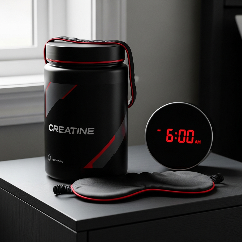 A creatine tub beside an alarm clock and sleep mask on a dark nightstand surface