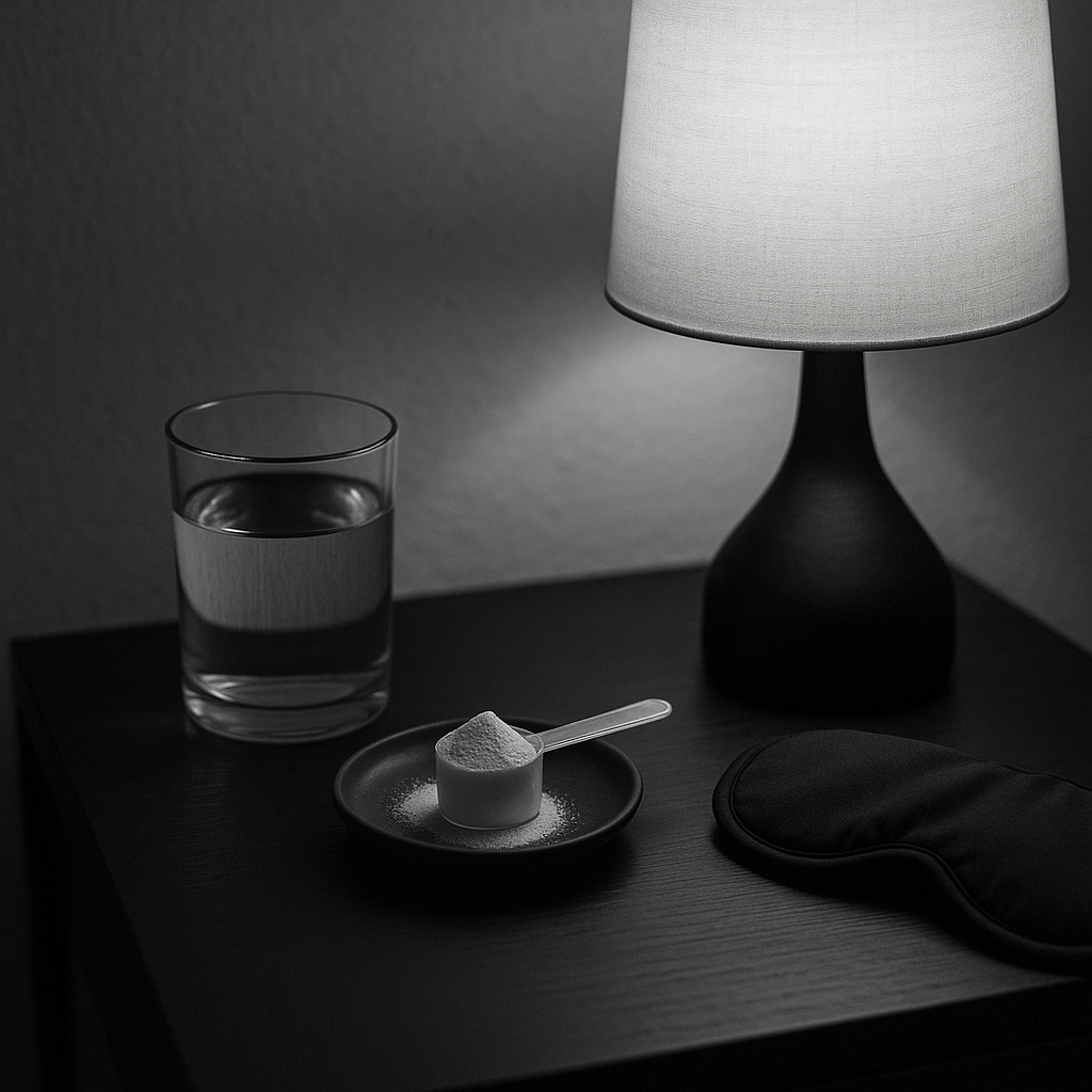 Cuillère doseuse de créatine monohydrate mesurée sur une table de chevet à côté d’une lampe tamisée et d’un masque de sommeil noir.
