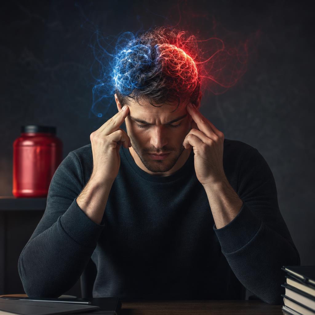 A person under mental pressure at a desk with a creatine supplement visible in the background