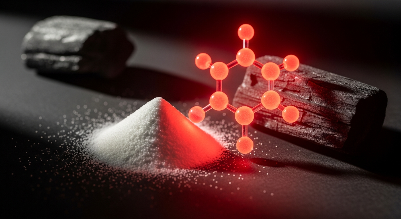 A creatine container beside a research journal and a molecular diagram, representing the science of hormones and supplementation