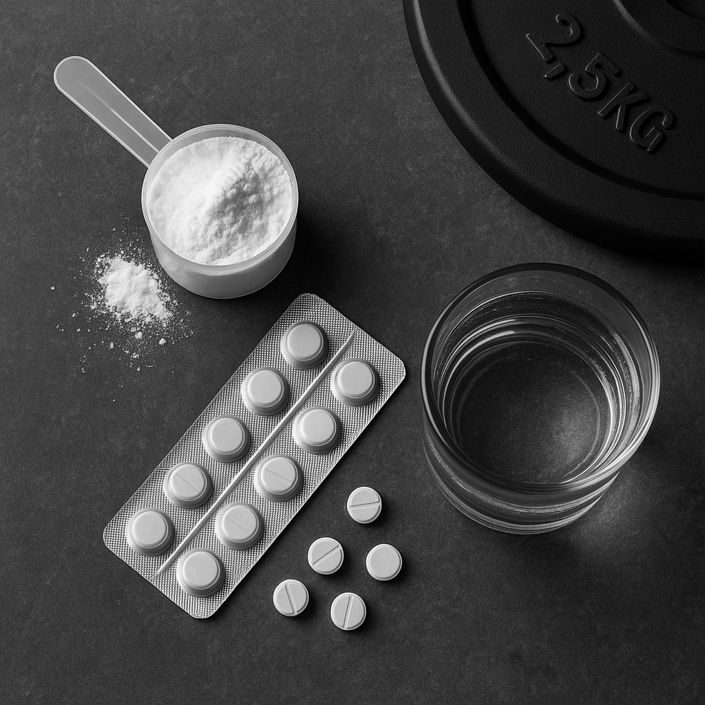 Creatine monohydrate scoop on a dark countertop beside a levothyroxine blister pack and a small barbell plate in soft charcoal tones.