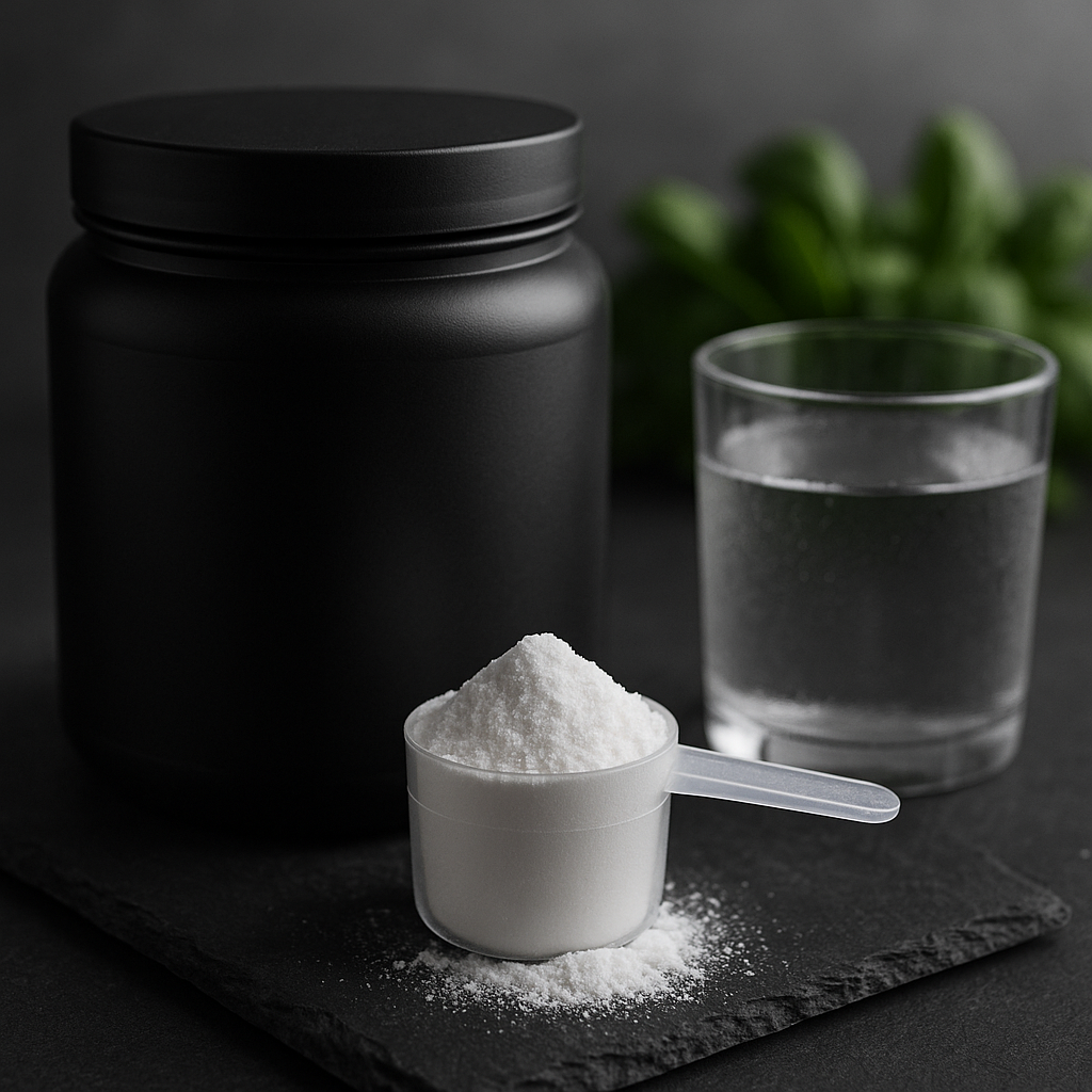 Scoop of white creatine monohydrate powder beside a glass of water and leafy greens on a dark countertop, minimalist studio lighting