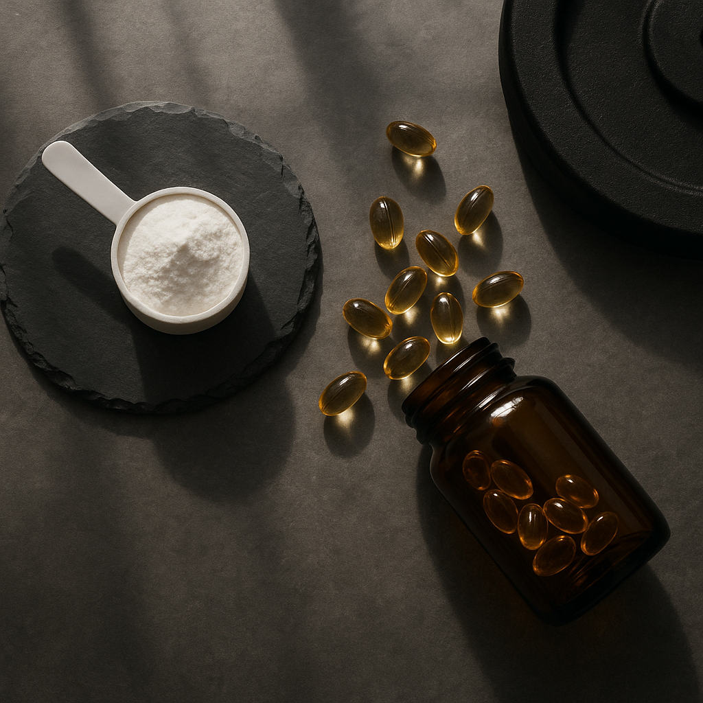 Flat lay of a scoop of creatine powder and a bottle of vitamin D softgels on a dark slate surface with winter light and a barbell plate edge.