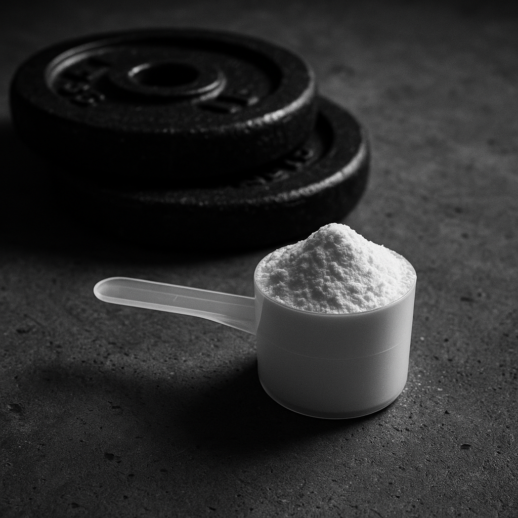 Close-up of creatine powder and barbell plates on gym floor in soft charcoal tones