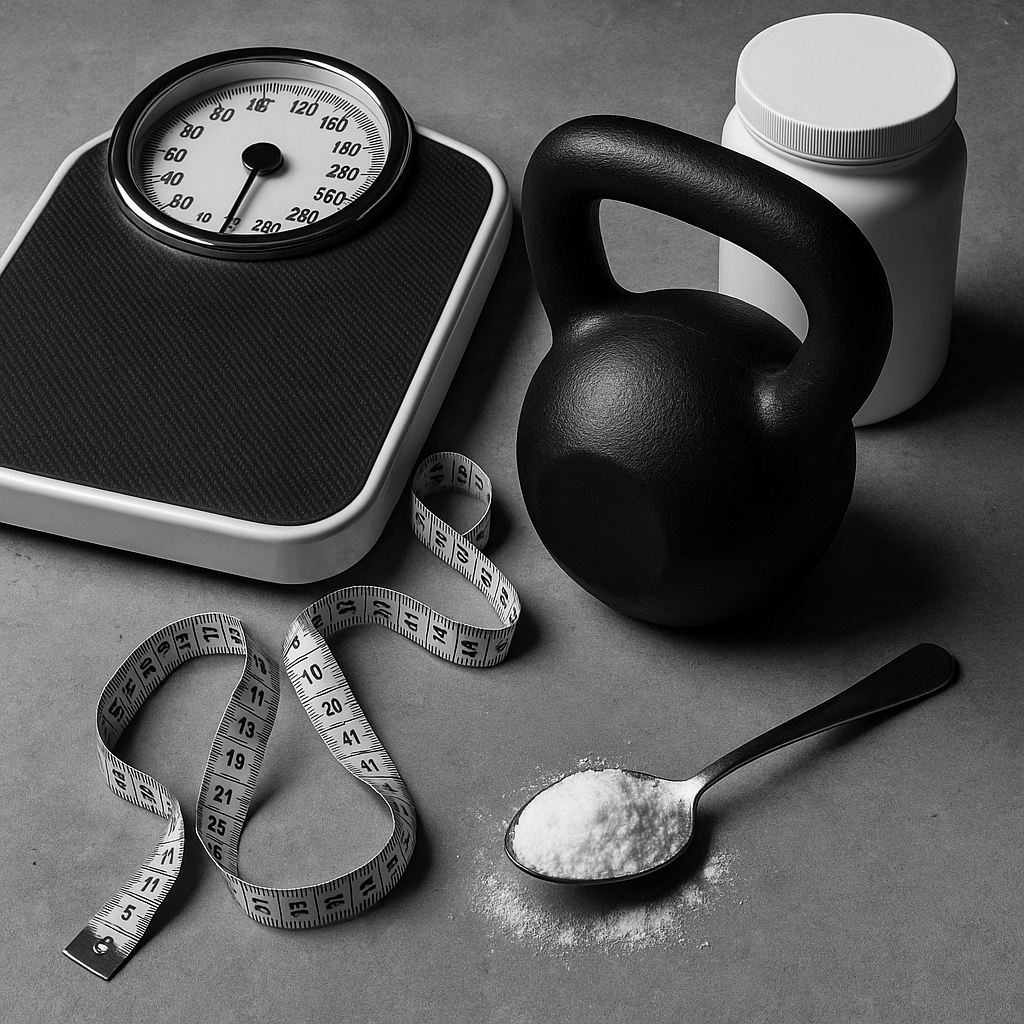 Creatine monohydrate scoop next to a bathroom scale, tape measure, and kettlebell on a dark textured surface