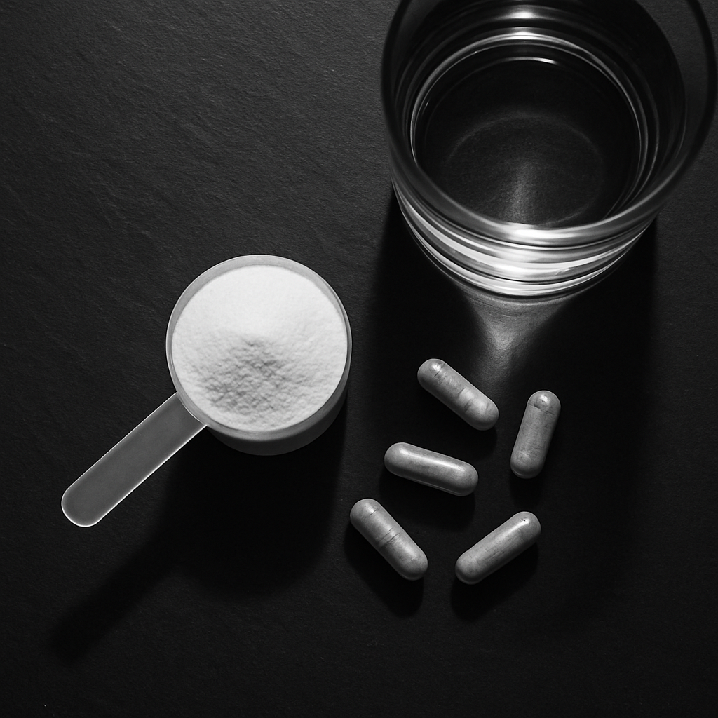 Creatine monohydrate scoop beside zinc capsules on a minimalist black slate background with a glass of water