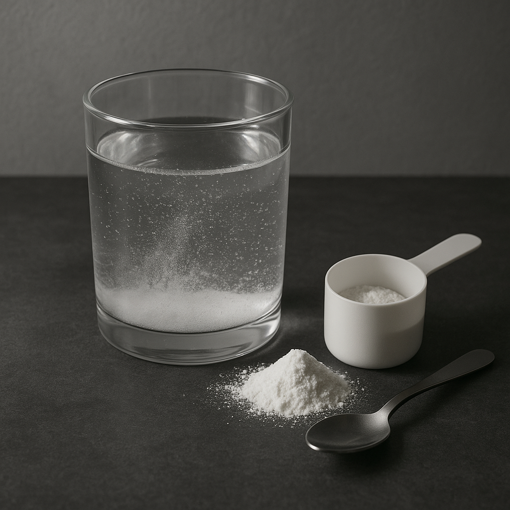 Scoop of creatine powder dissolving in a clear glass of water with gentle bubbles and a teaspoon nearby, shot on a charcoal countertop
