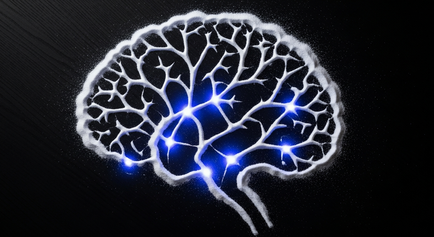 Poudre de créatine disposée en motif de réseau neuronal sur une surface sombre avec un éclairage d'accent bleu
