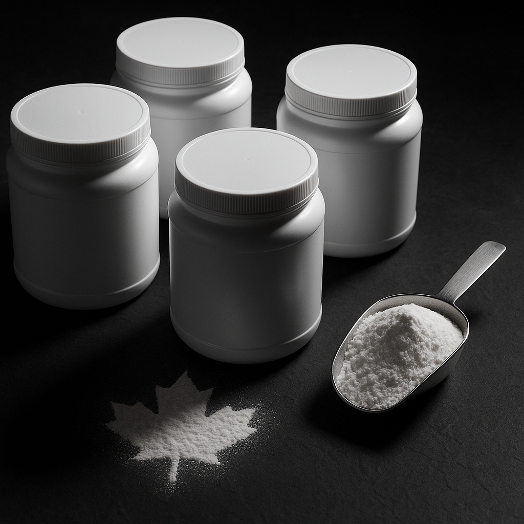 Lineup of Canadian creatine monohydrate tubs and a scoop of powder on a dark, matte surface