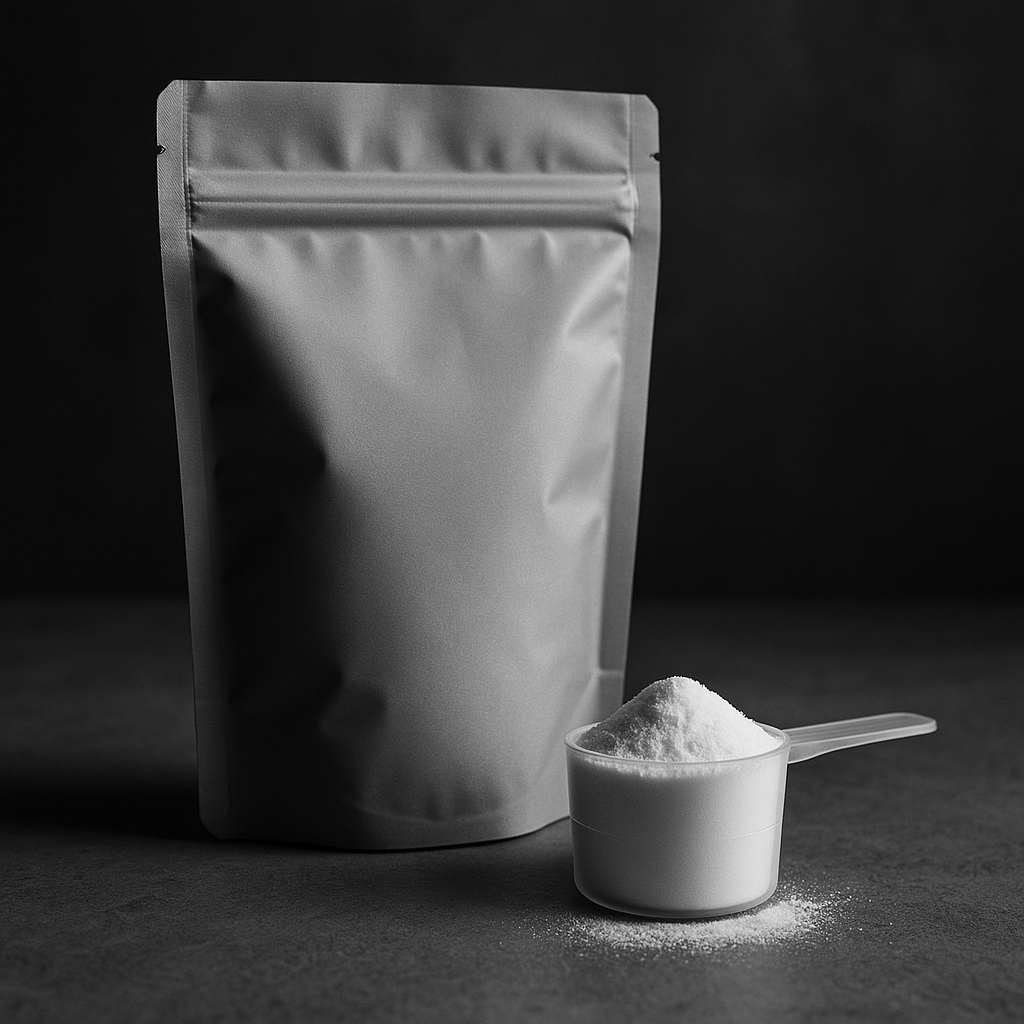 Minimalist shot of a scoop of white creatine monohydrate beside a plain bulk pouch on a concrete countertop, soft window light, no branding.