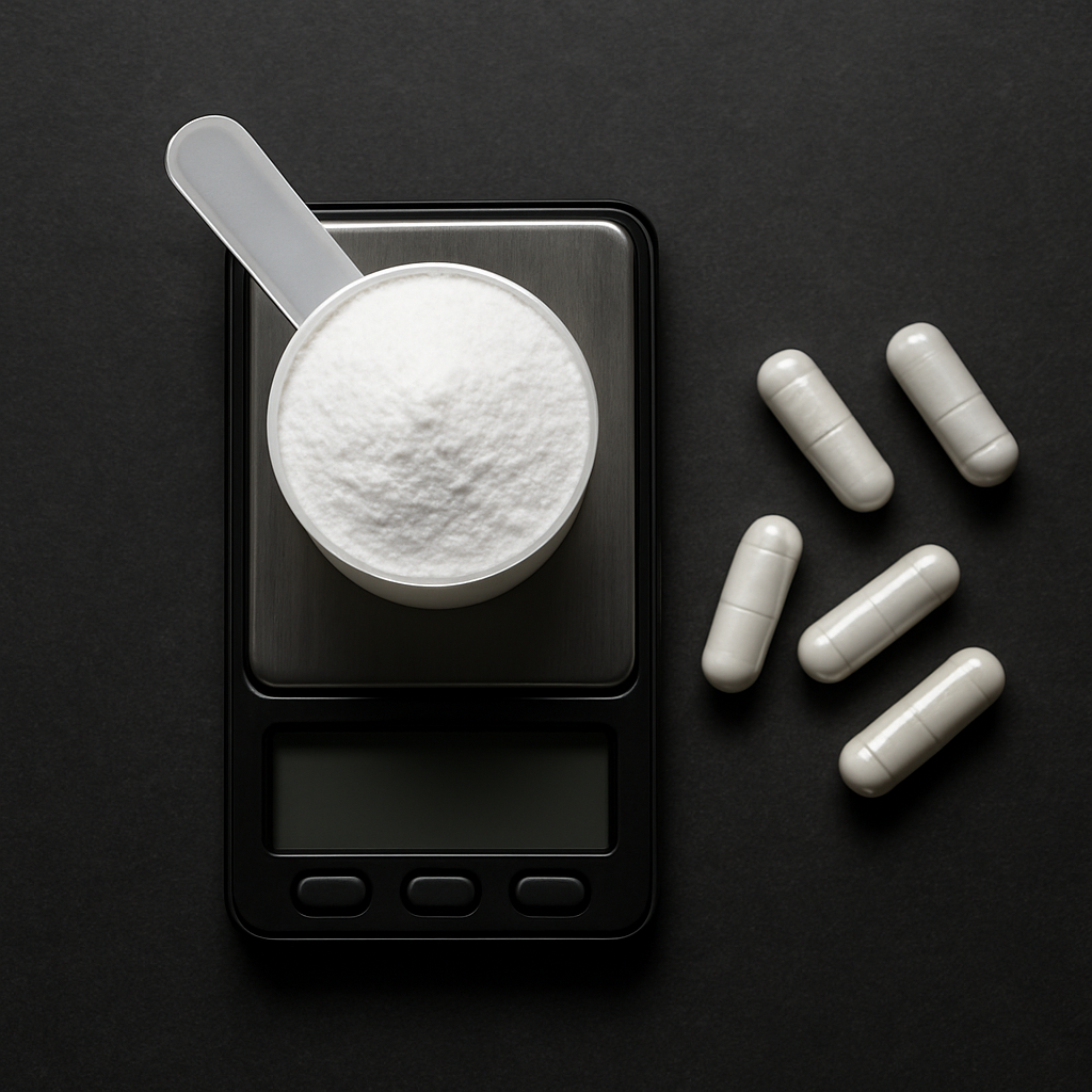 Creatine capsules and a scoop of creatine powder on a digital scale with a Canadian context