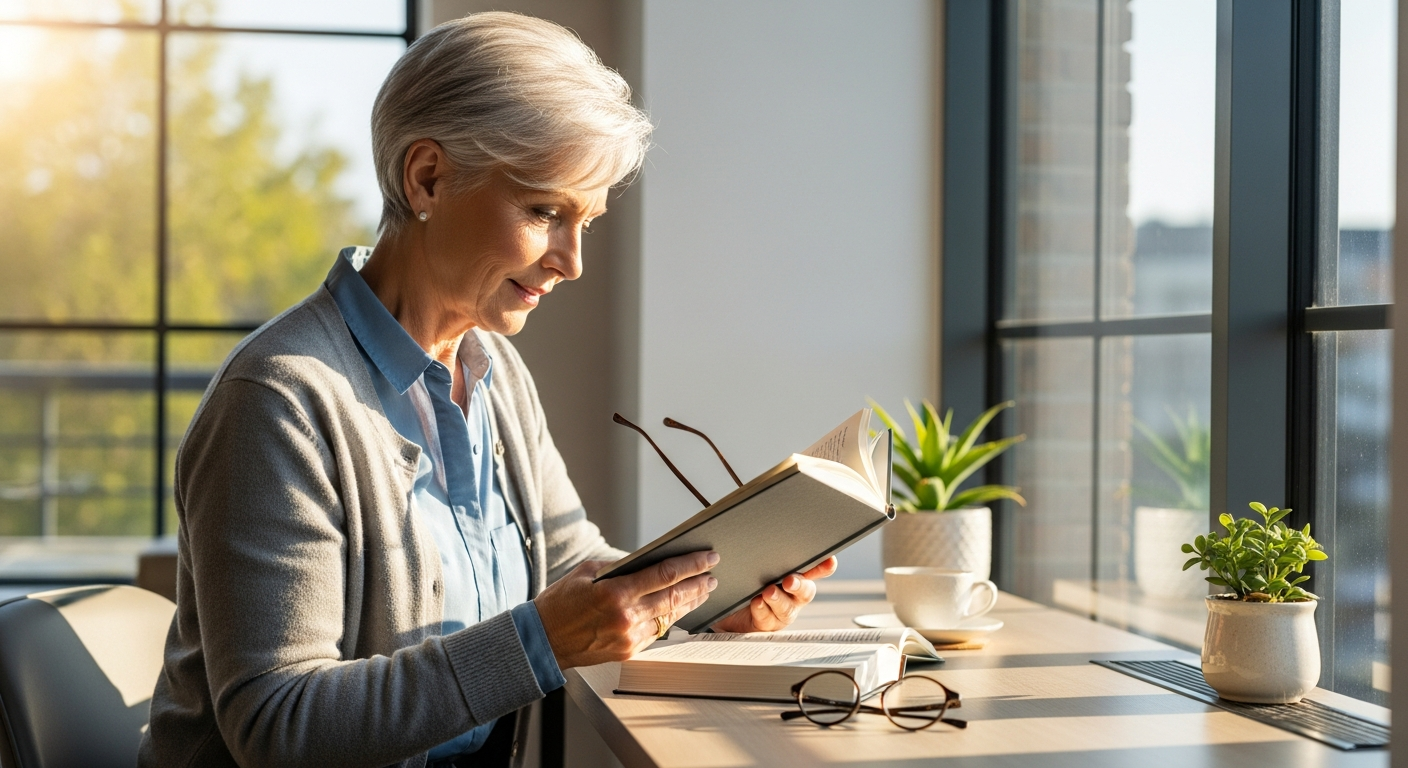 Older adult reading and concentrating at a bright desk with natural window light