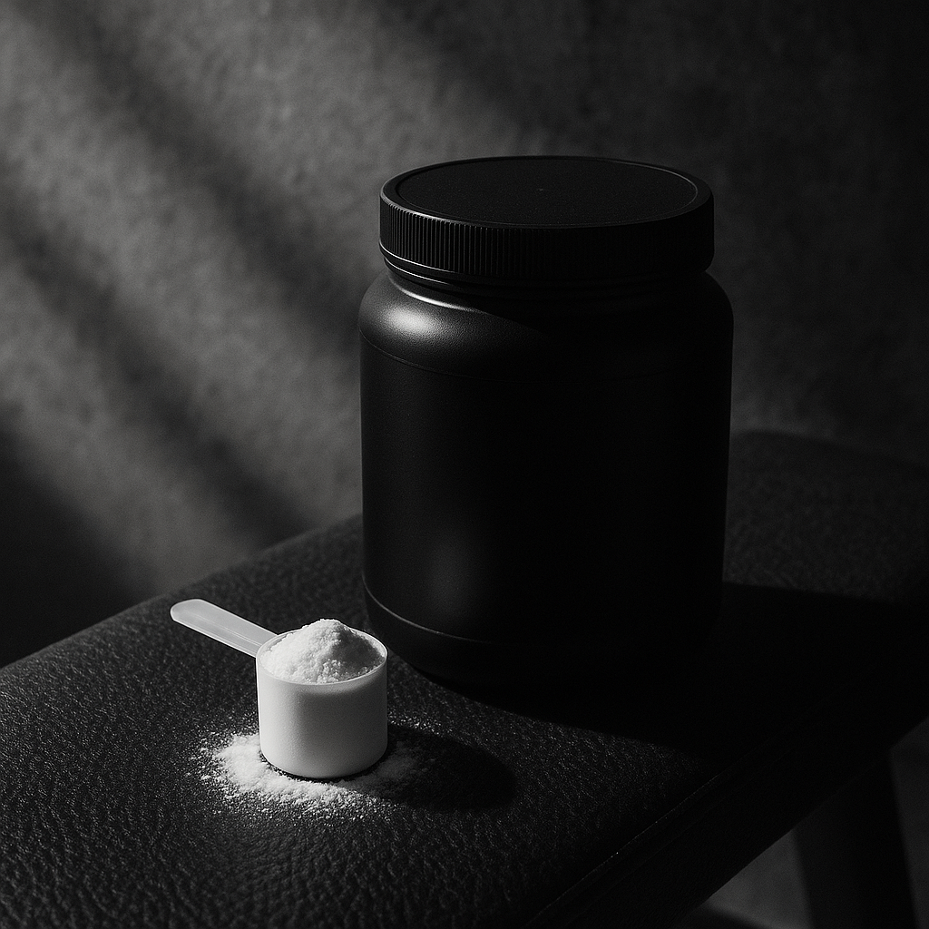 A minimalist, monochrome photo of an open creatine jar beside a scoop of white powder, set on a dark gym bench, with strong light and charcoal tones.