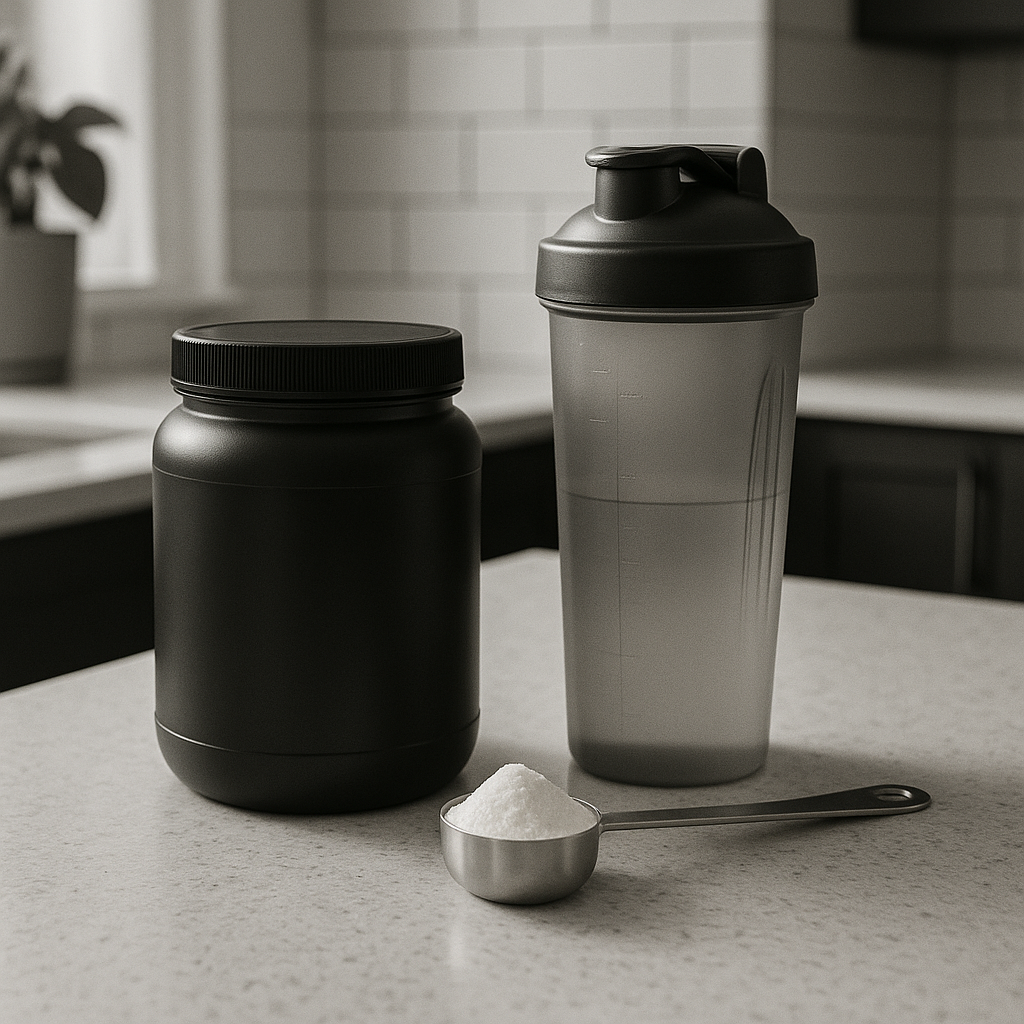 Contenants de poudre de créatine sur un comptoir de cuisine bien rangé, à côté d’un shaker et d’une cuillère à mesurer, photographiés avec un éclairage doux.