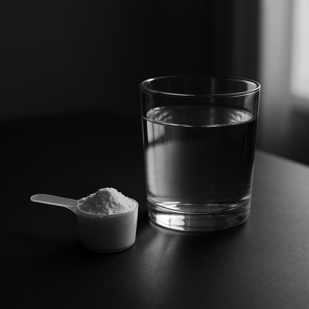 A close-up photo of creatine monohydrate powder and a glass of water on a matte charcoal table, showing subtle reflections.