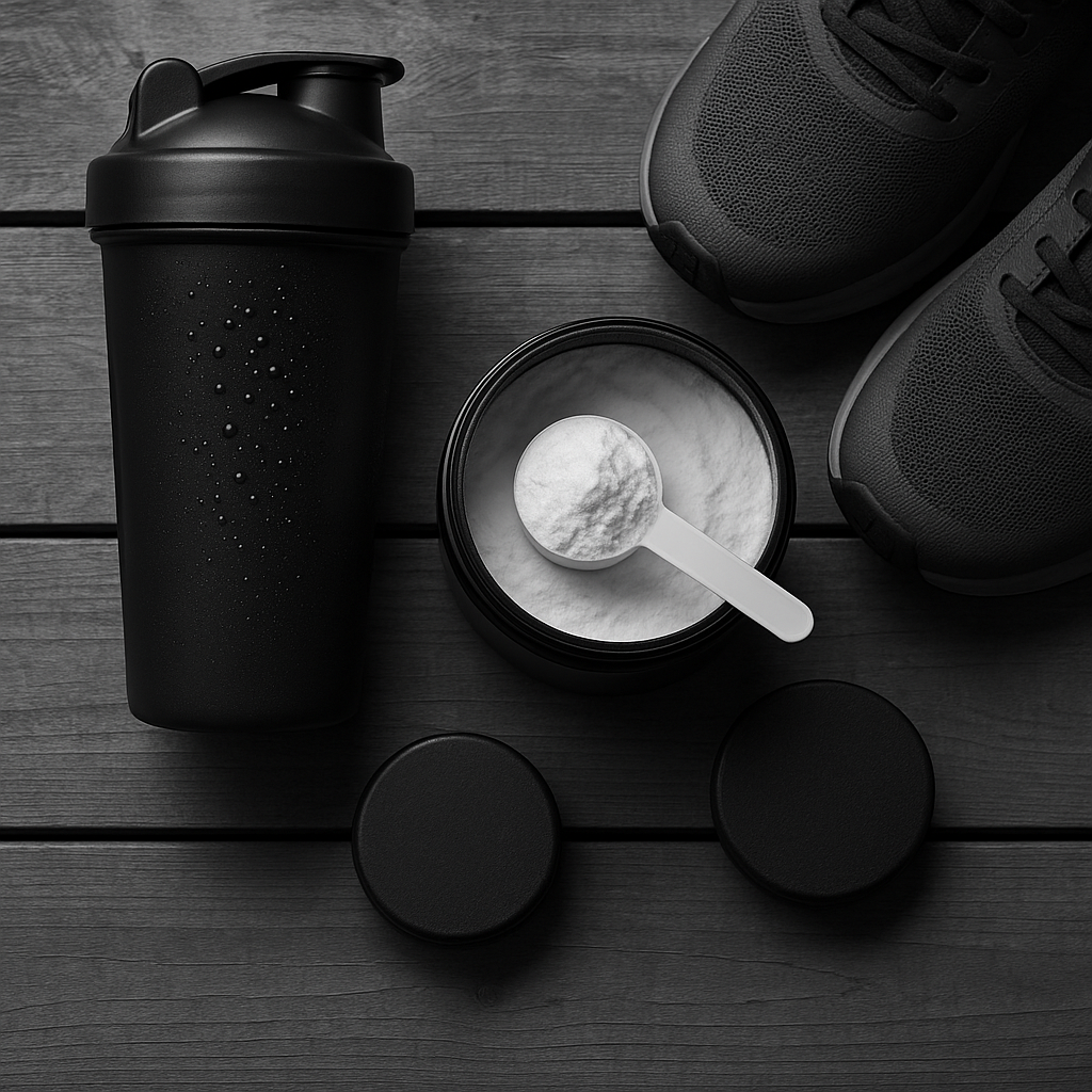 Scoop of creatine monohydrate beside a water bottle, hockey puck, and running shoes on a locker-room bench