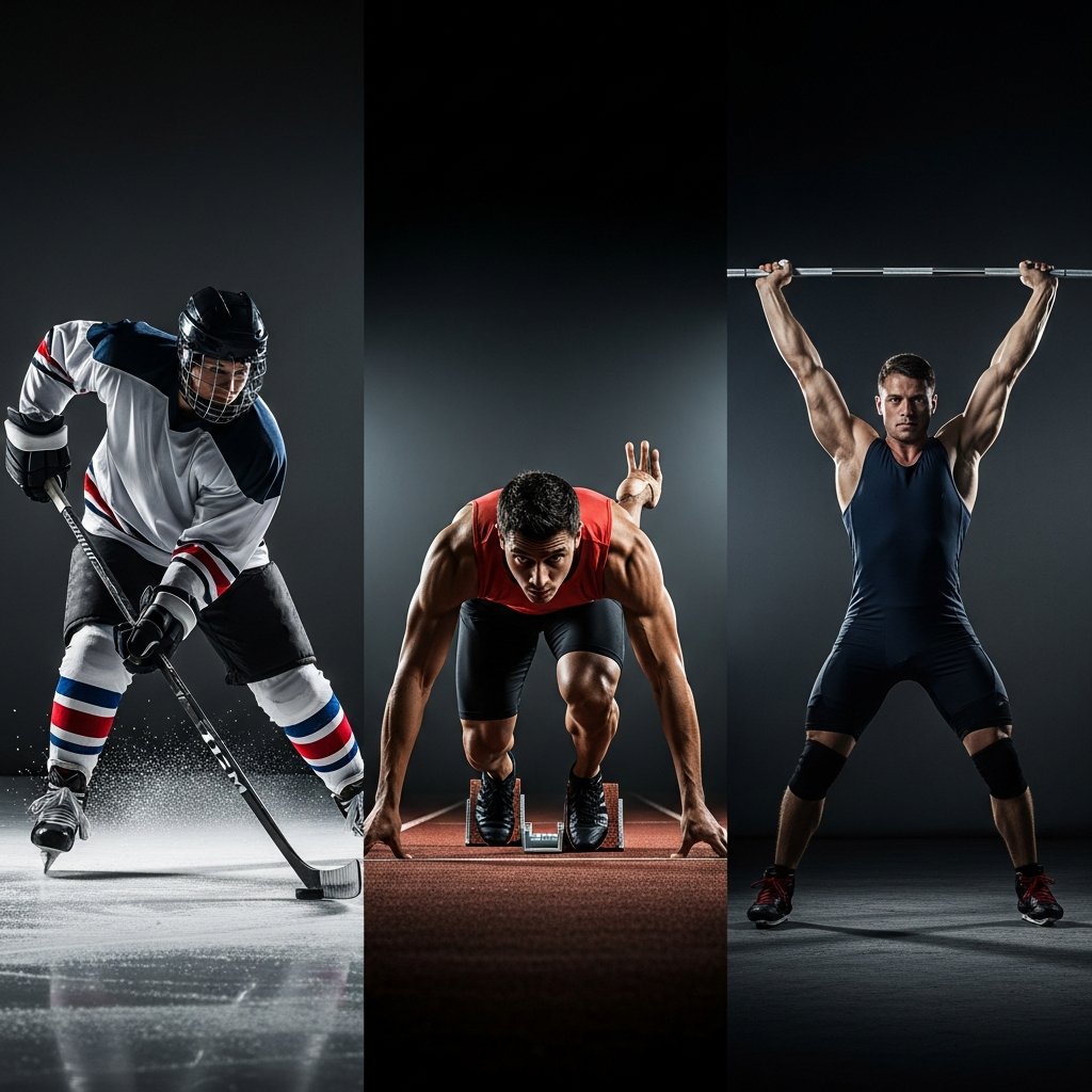 Athletes competing across multiple sports — track, hockey, weightlifting