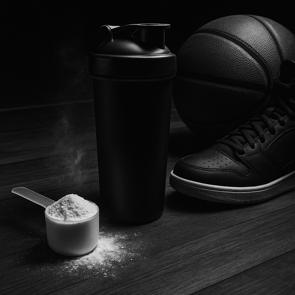 Mesure de créatine et shaker sur un terrain de basketball en bois franc à côté d’un ballon et de baskets montantes, avec une poussière rappelant la craie qui suggère un mouvement explosif