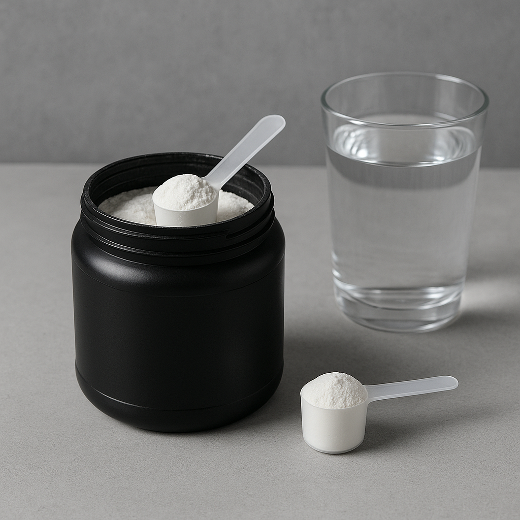 A jar of pure creatine monohydrate powder, scoop, and a glass of water on a smooth, charcoal countertop with a minimalist, modern Canadian kitchen background.