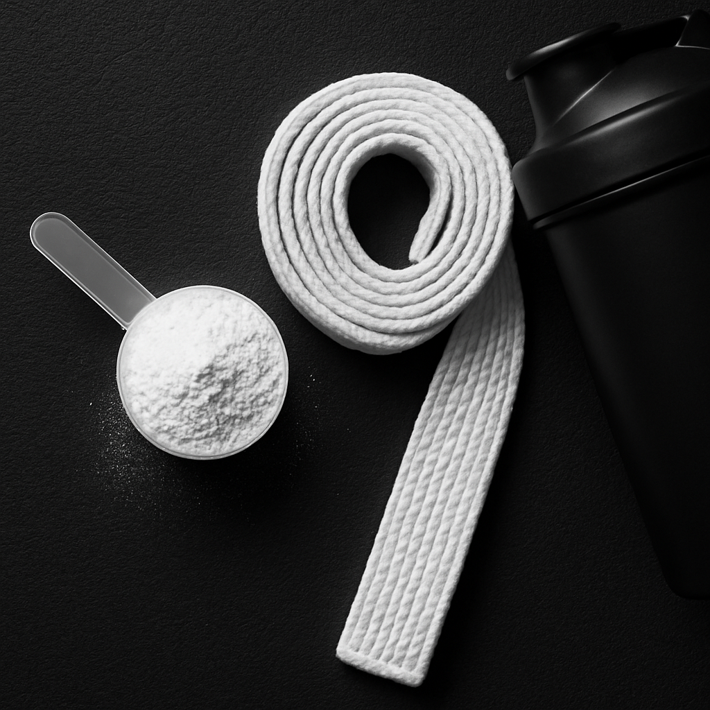 Mesure de créatine monohydrate sur un tapis foncé à côté d’une ceinture blanche de BJJ et d’un shaker, éclairage studio minimaliste.