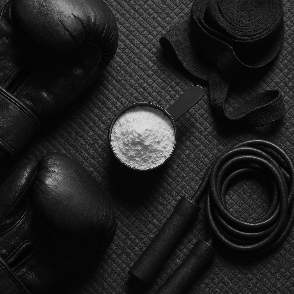 Dose de créatine monohydrate à côté de gants de boxe, de bandages pour les mains et d’une corde à sauter sur un tapis de gym