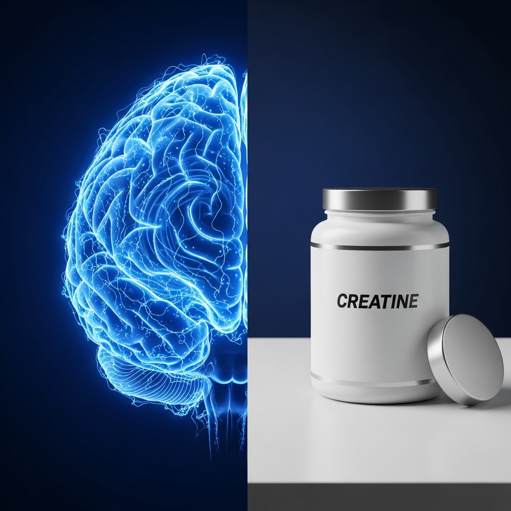 Brain illustration with neurons and creatine supplement on a clean modern desk