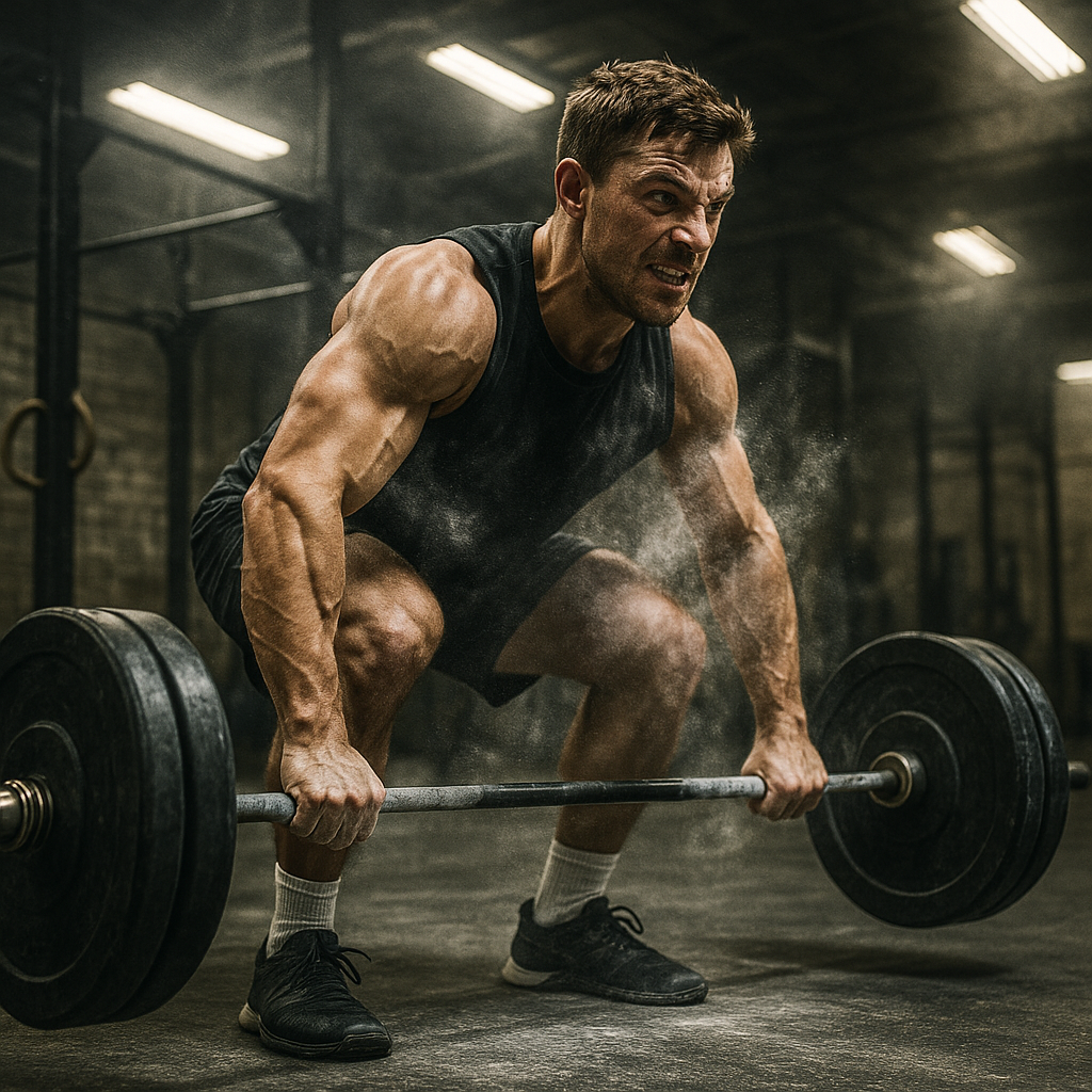 CrossFit athlete doing a barbell lift inside a box gym, chalk on hands, focused expression