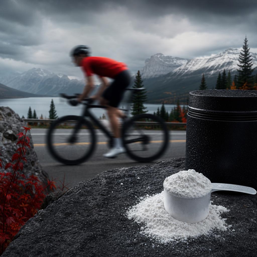 A road cyclist riding with creatine supplement powder and measuring spoon in the foreground