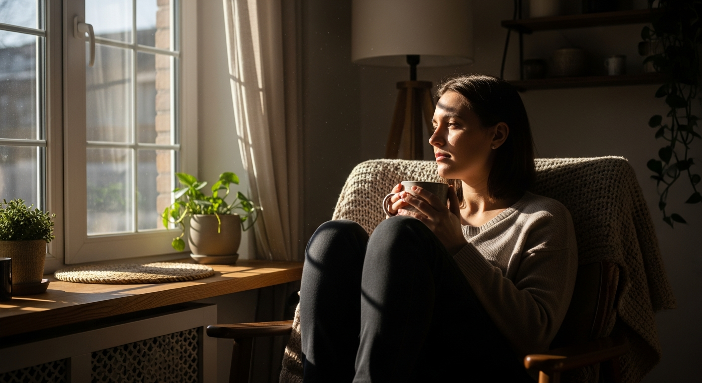 Person sitting in soft morning light with a glass of water and supplement container on the table