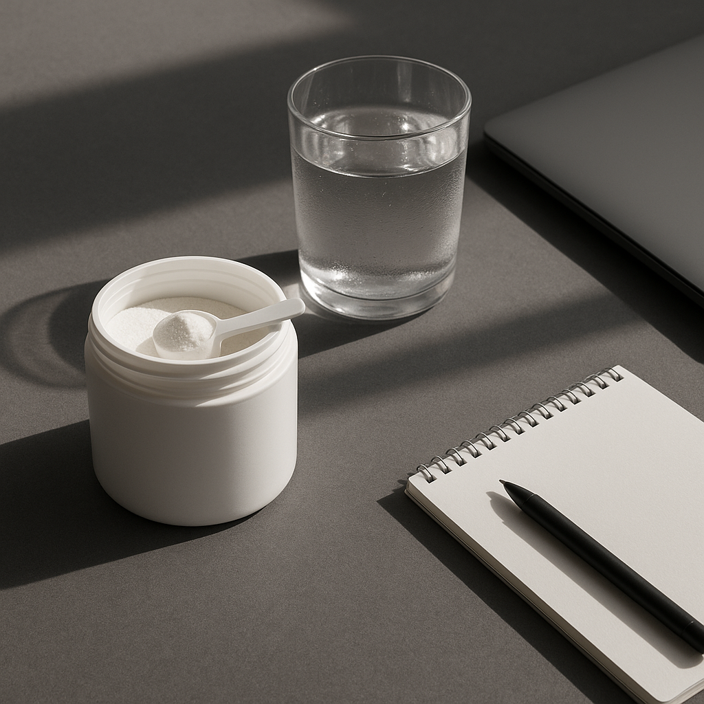 Minimalist desk setup with a glass of water, a small tub of creatine powder, and a teaspoon beside a laptop and notepad in soft daylight.