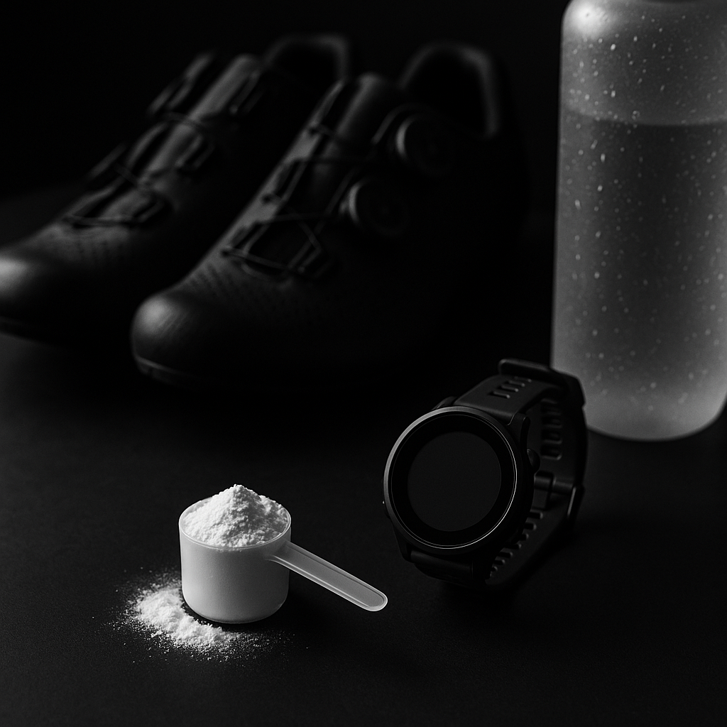 Creatine monohydrate scoop beside cycling shoes and a GPS running watch on a dark bench