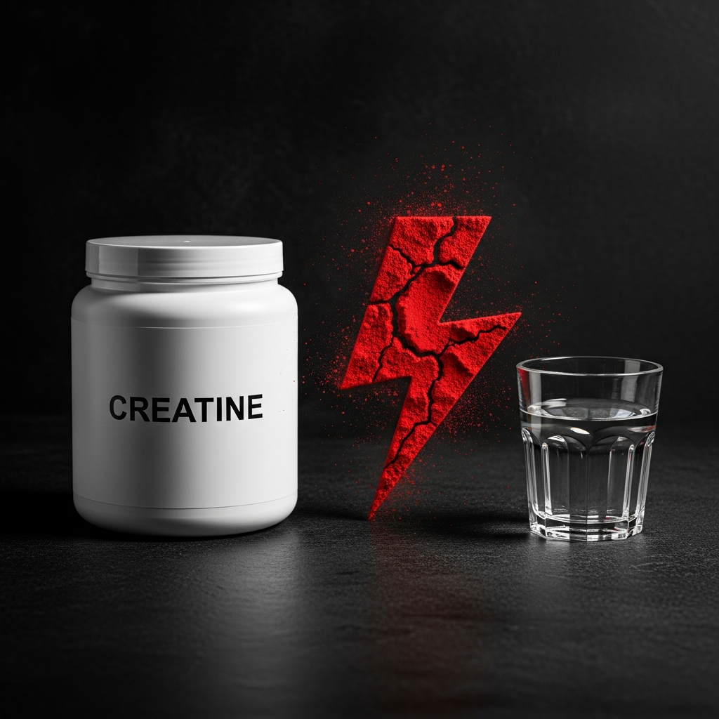 A creatine tub with a dramatic energy-themed powder arrangement and water glass on a dark surface