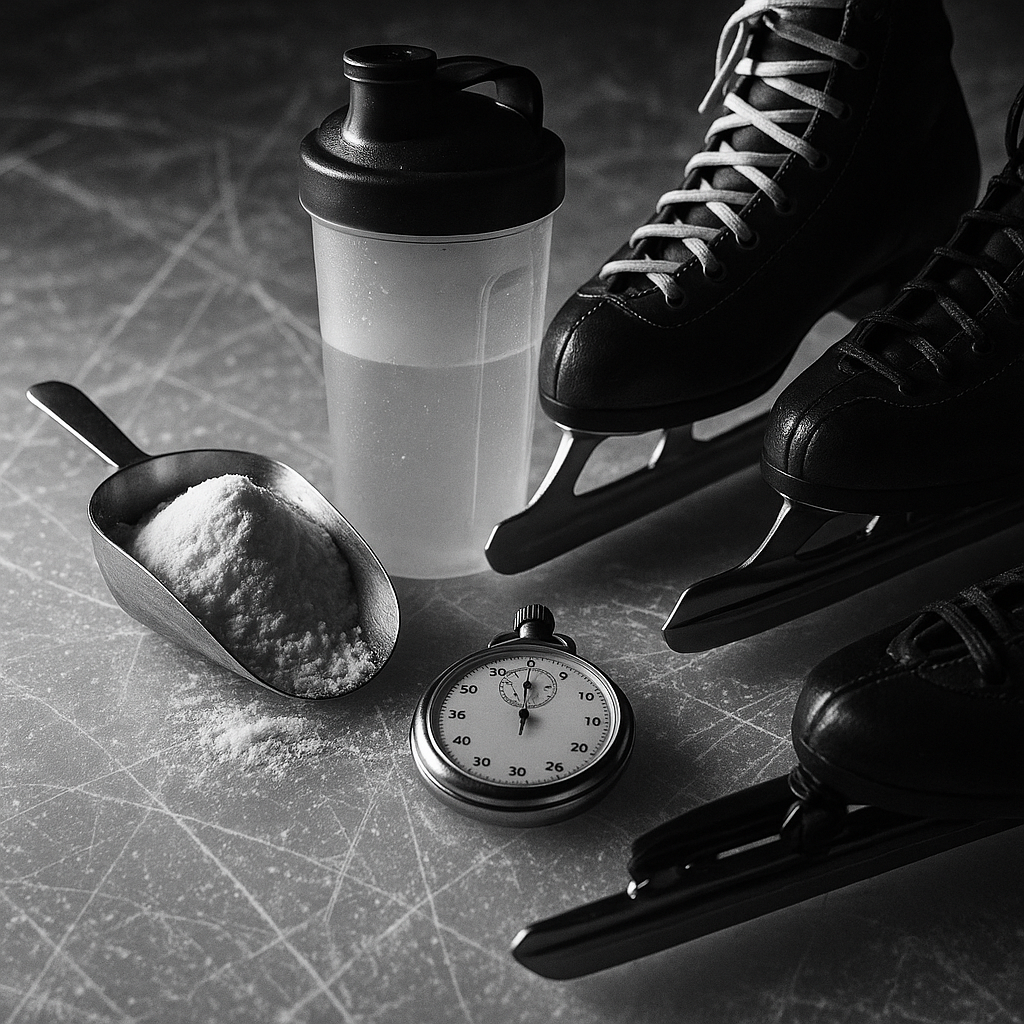Creatine scoop beside figure skates and speed skates on ice with shavings and a stopwatch